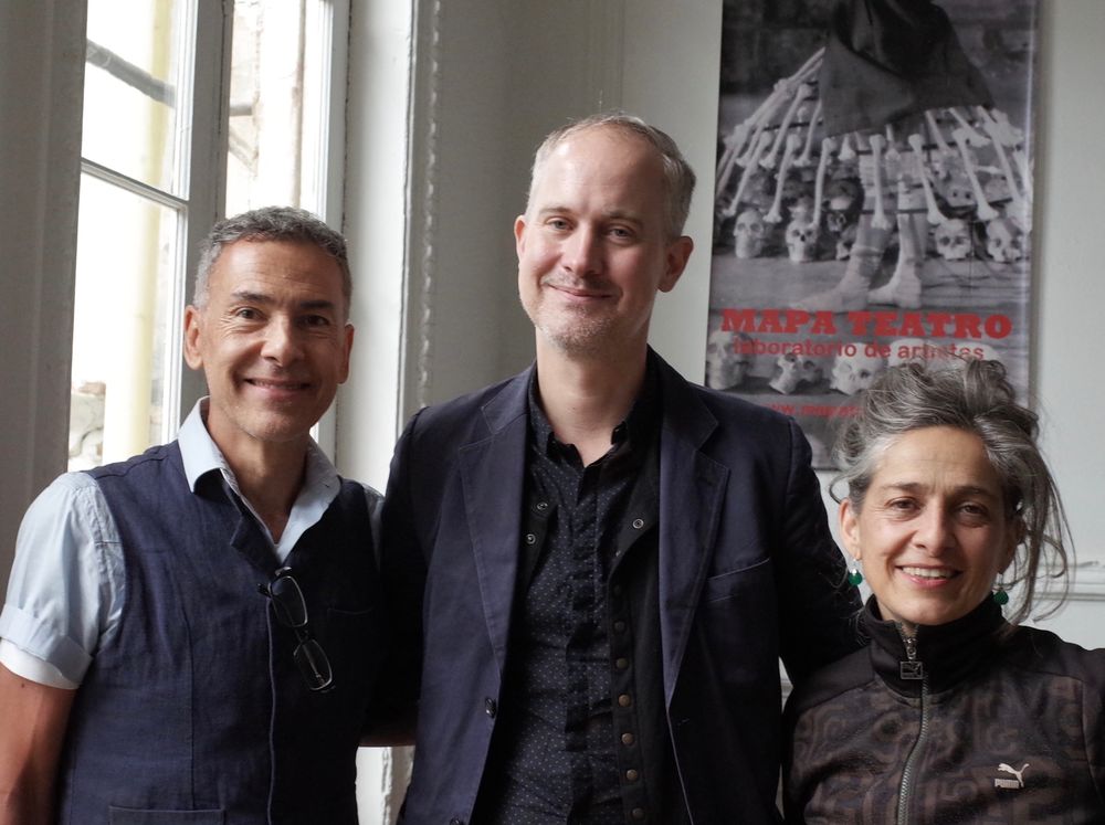 Joseph Pearson in Bogota with the directors and founders of Mapa Teatro, Rolf and Heidi Abderhalden